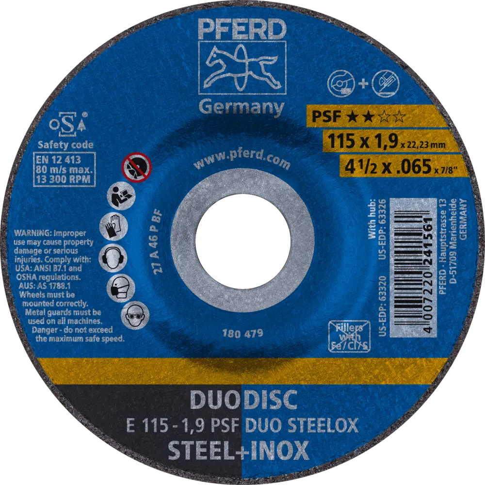 Produktfoto 1 von PFERD TOOLS DUODISC Trenn-/Schleif. E 115x1,9x22,23 mm gekr. Uni.-Linie PSF DUO STEELOX f. Stahl/VA, 10 Stk.