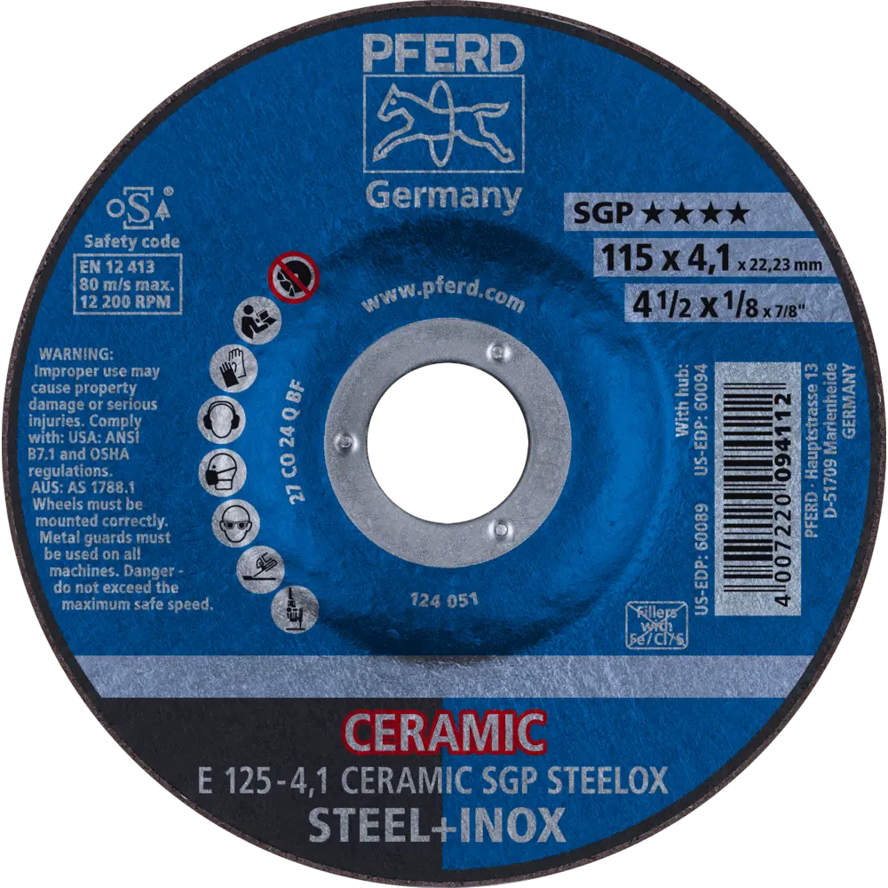 Produktfoto 1 von PFERD TOOLS Schruppscheibe E 125x4,1x22,23 mm CERAMIC Leistungslinie SG STEELOX für Stahl/Edelstahl, 10 Stk.