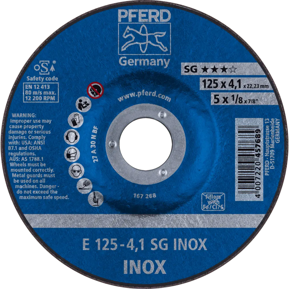 Produktfoto 1 von PFERD TOOLS Schruppscheibe E 125x4,1x22,23 mm Leistungslinie SG INOX für Edelstahl, 10 Stk.