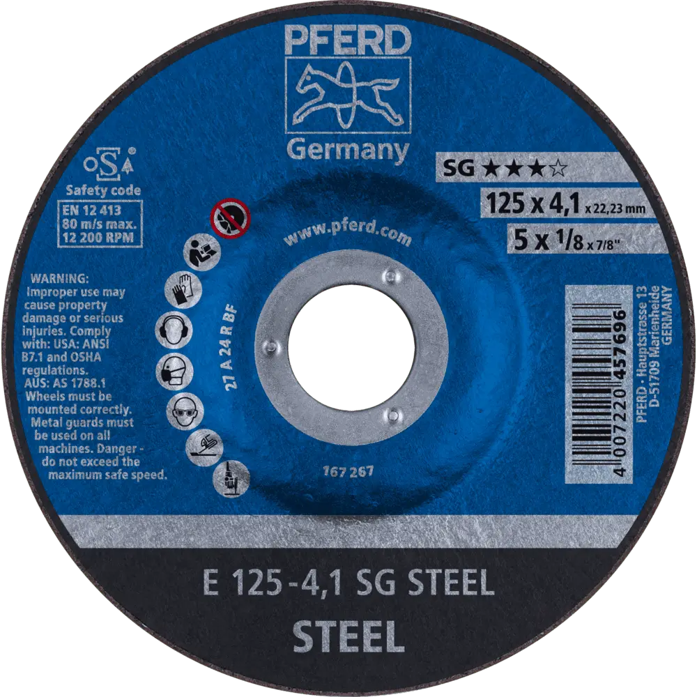 Produktfoto 1 von PFERD TOOLS Schruppscheibe E 125x4,1x22,23 mm Leistungslinie SG STEEL für Stahl, 10 Stk.