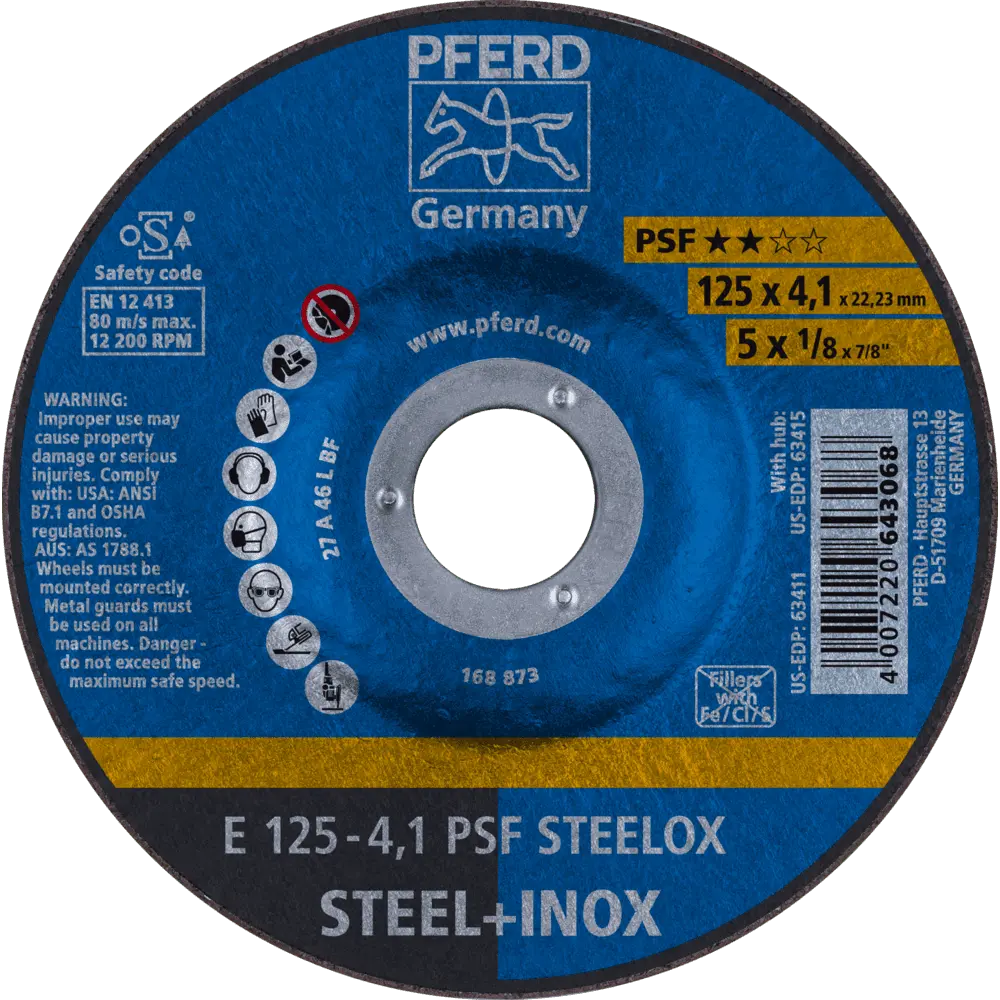 Produktfoto 1 von PFERD TOOLS Schruppscheibe E 125x4,1x22,23 mm Universallinie PSF STEELOX für Stahl/Edelstahl, 10 Stk.