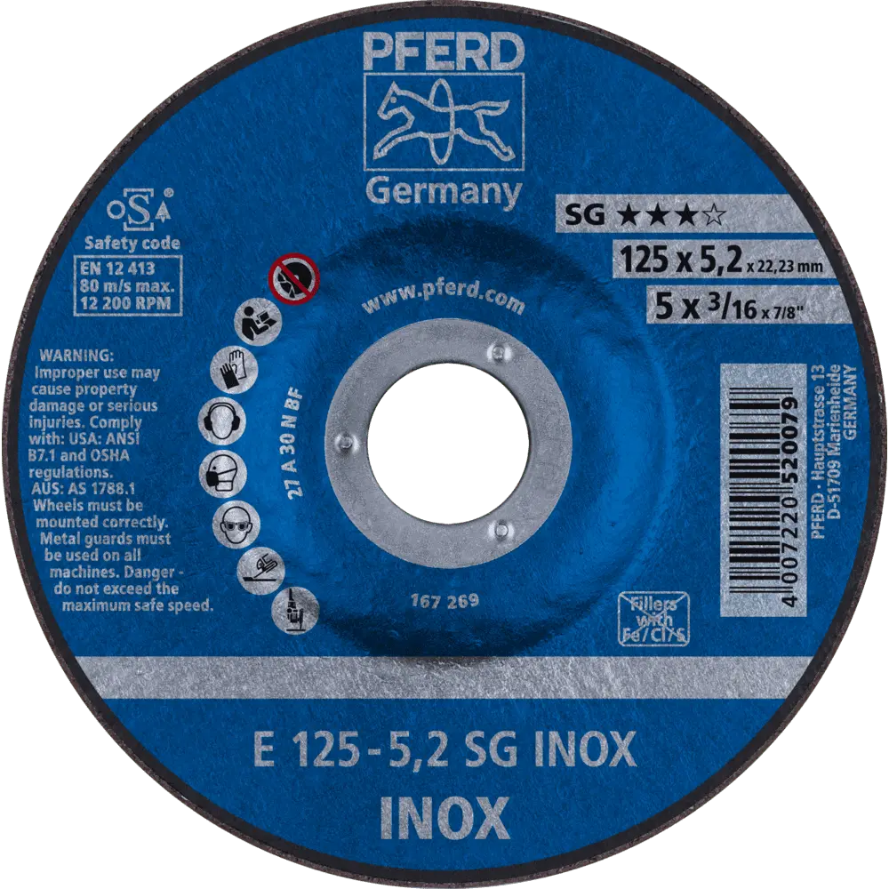 Produktfoto 1 von PFERD TOOLS Schruppscheibe E 125x5,2x22,23 mm Leistungslinie SG INOX für Edelstahl, 10 Stk.