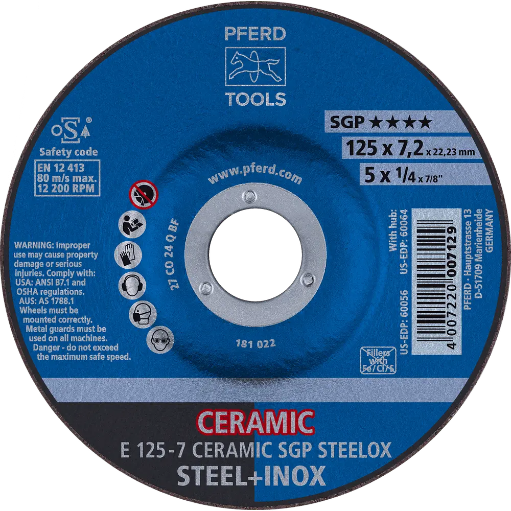 Produktfoto 1 von PFERD TOOLS Schruppscheibe E 125x7,2x22,23 mm CERAMIC Leistungslinie SG STEELOX für Stahl/Edelstahl, 10 Stk.
