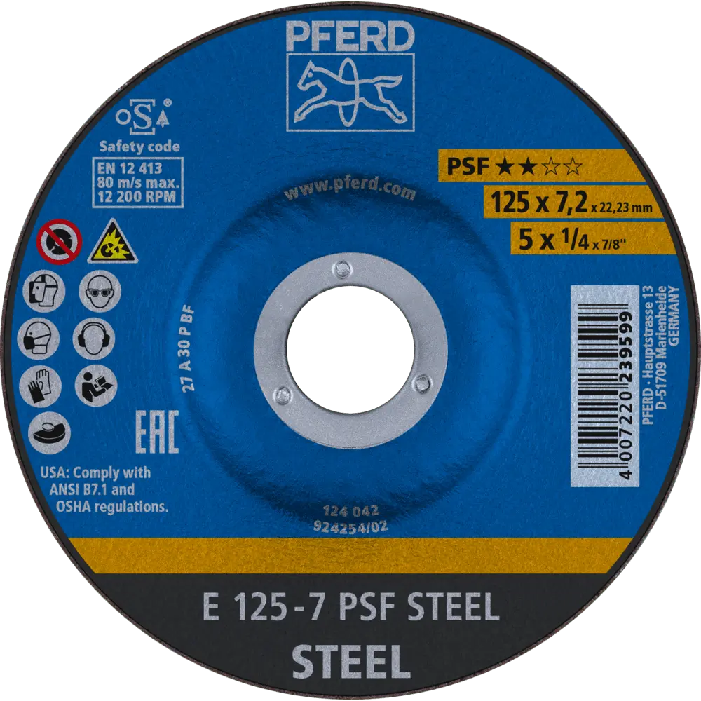 Produktfoto 1 von PFERD TOOLS Schruppscheibe E 125x7,2x22,23 mm Universallinie PSF STEEL für Stahl, 5 Stk.