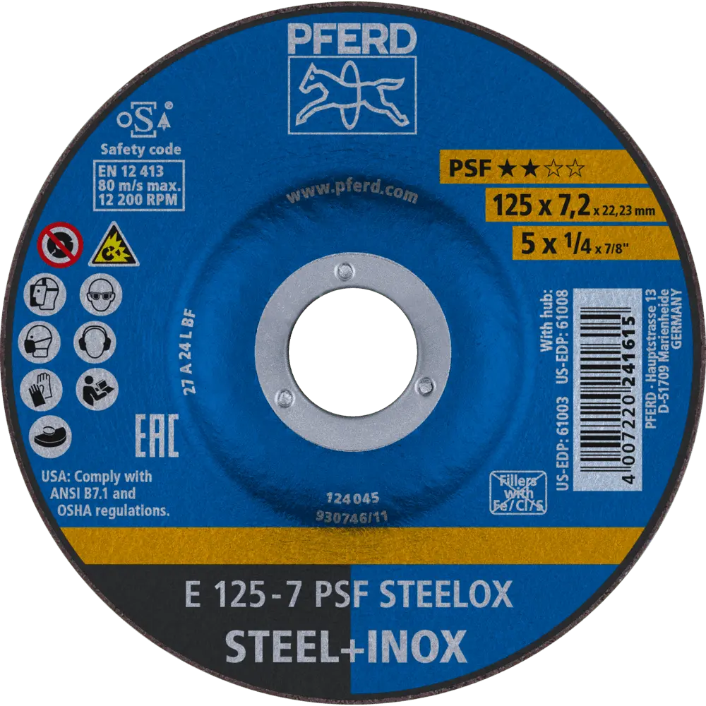 Produktfoto 1 von PFERD TOOLS Schruppscheibe E 125x7,2x22,23 mm Universallinie PSF STEELOX für Stahl/Edelstahl, 10 Stk.