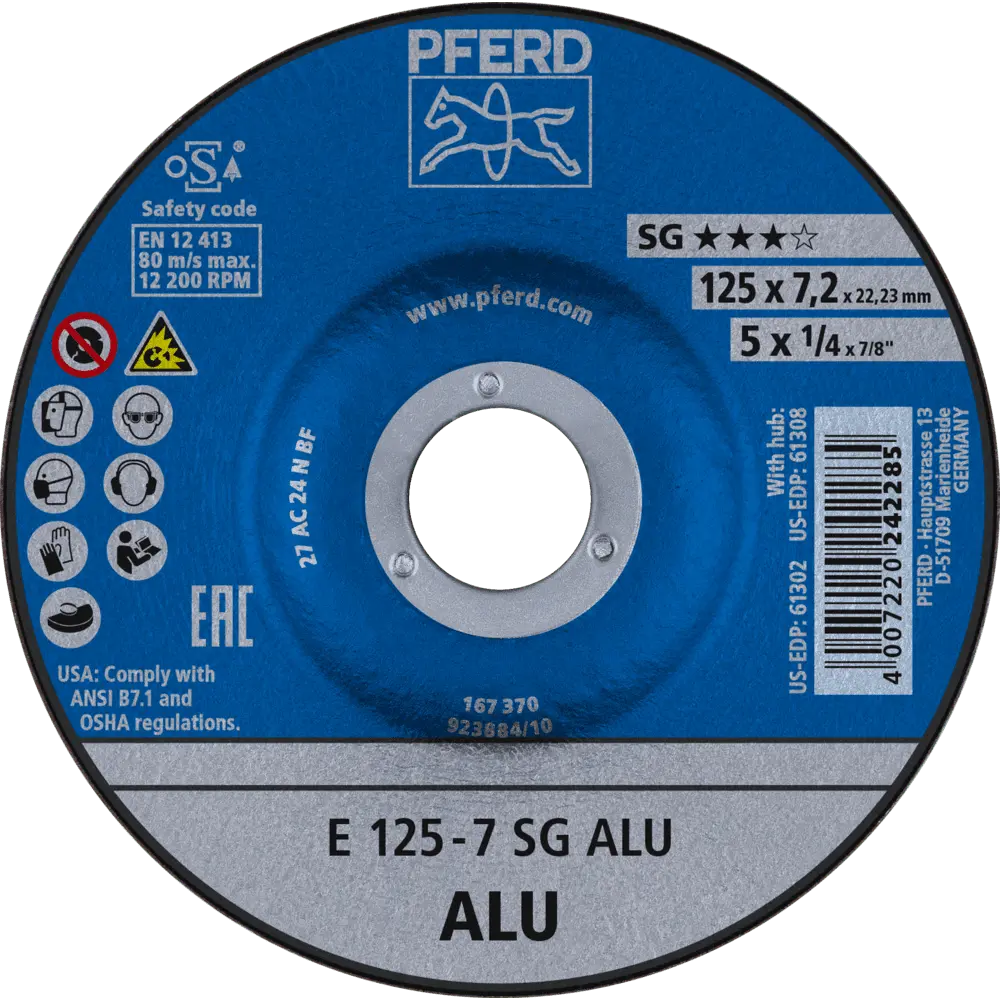 Produktfoto 1 von PFERD TOOLS Schruppscheibe E 125x7,2x22,23 mm Leistungslinie SG ALU für Alu, 10 Stk.