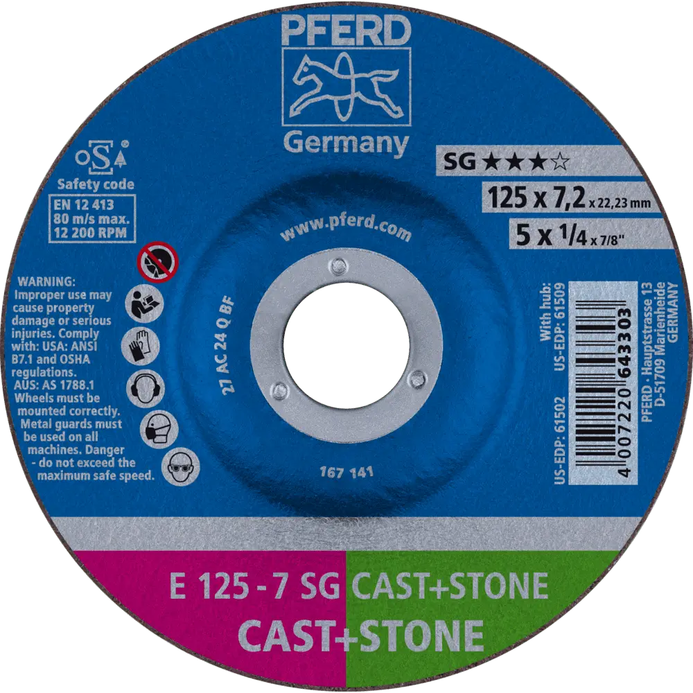 Produktfoto 1 von PFERD TOOLS Schruppscheibe E 125x7,2x22,23 mm Leistungslinie SG CAST+STONE für Guss/Stein (2), 2 Stk.