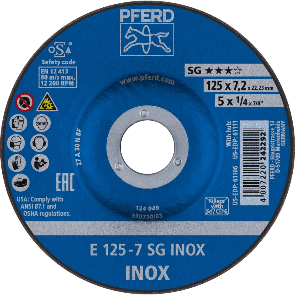 Produktfoto 1 von PFERD TOOLS Schruppscheibe E 125x7,2x22,23 mm Leistungslinie SG INOX für Edelstahl, 10 Stk.
