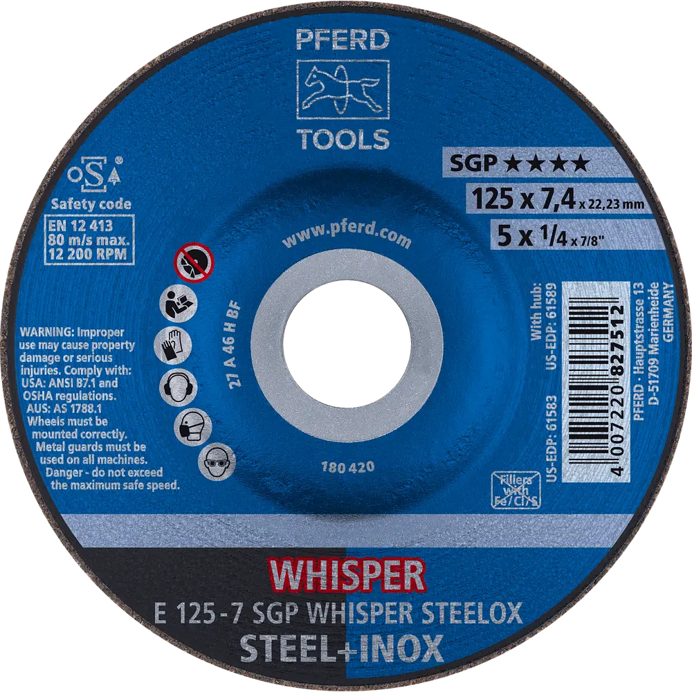 Produktfoto 1 von PFERD TOOLS Schruppscheibe E 125x7,4x22,23 mm Speziallinie SGP STEELOX für Stahl/Edelstahl, 10 Stk.