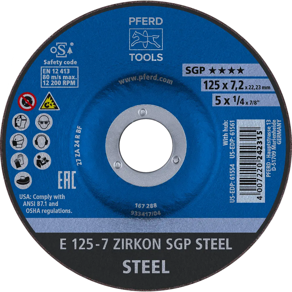 Produktfoto 1 von PFERD TOOLS Schruppscheibe E 125x7,2x22,23 mm ZIRKON Speziallinie SGP STEEL für Stahl, 10 Stk.