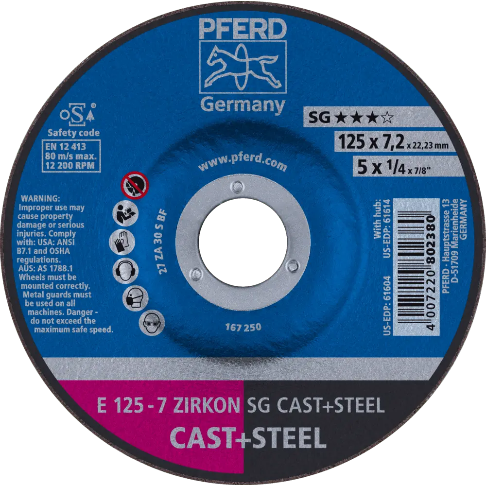 Produktfoto 1 von PFERD TOOLS Schruppscheibe E 125x7,2x22,23 mm ZIRKON Leistungslinie SG CAST+STEEL für Guss/Stahl, 10 Stk.