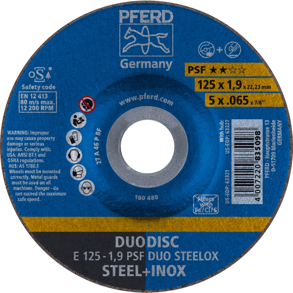 Produktfoto 1 von PFERD TOOLS DUODISC Trenn-/Schleif. E 125x1,9x22,23 mm gekr. Uni.-Linie PSF DUO STEELOX f. Stahl/VA, 10 Stk.