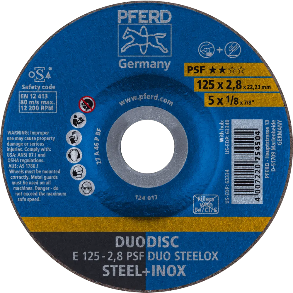 Produktfoto 1 von PFERD TOOLS DUODISC Trenn-/Schleif. E 125x2,8x22,23 mm gekr. Uni.-Linie PSF DUO STEELOX f. Stahl/VA, 10 Stk.