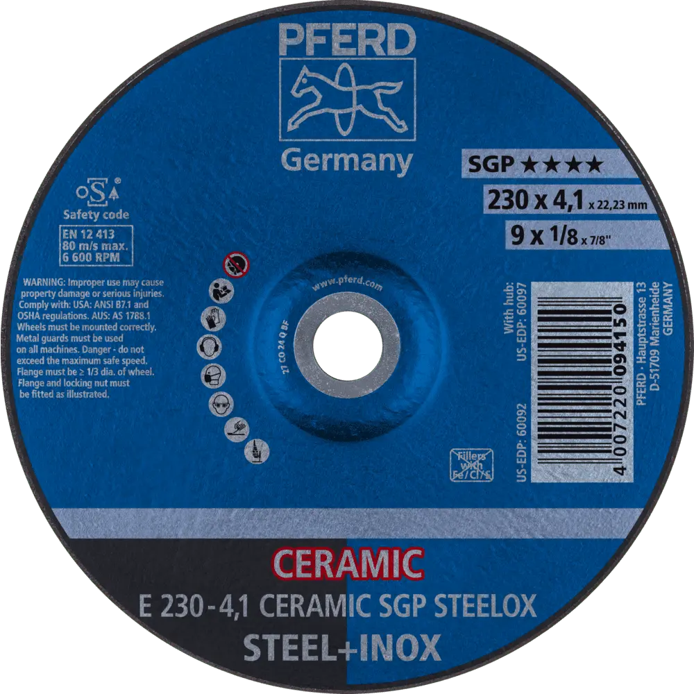 Produktfoto 1 von PFERD TOOLS Schruppscheibe E 230x4,1x22,23 mm CERAMIC Leistungslinie SG STEELOX für Stahl/Edelstahl, 10 Stk.