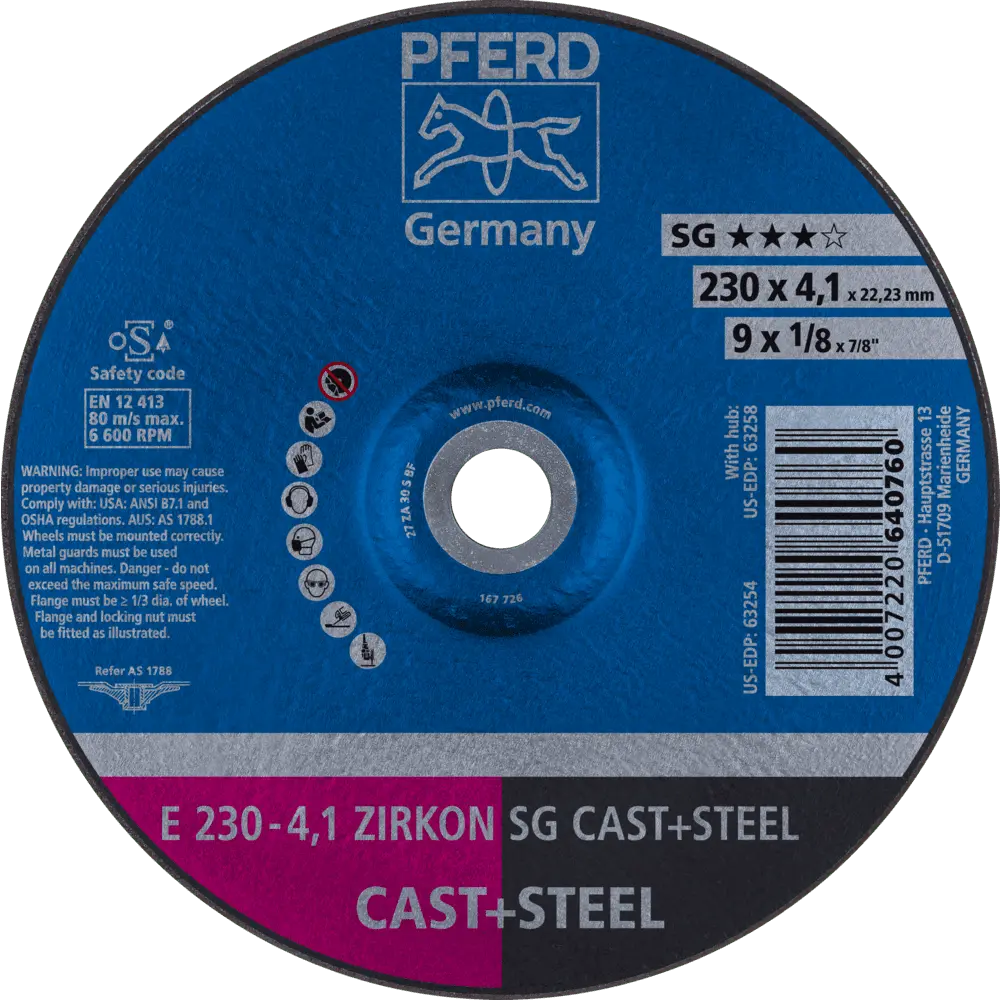 Produktfoto 1 von PFERD TOOLS Schruppscheibe E 230x4,1x22,23 mm ZIRKON Leistungslinie SG CAST+STEEL für Guss/Stahl, 10 Stk.