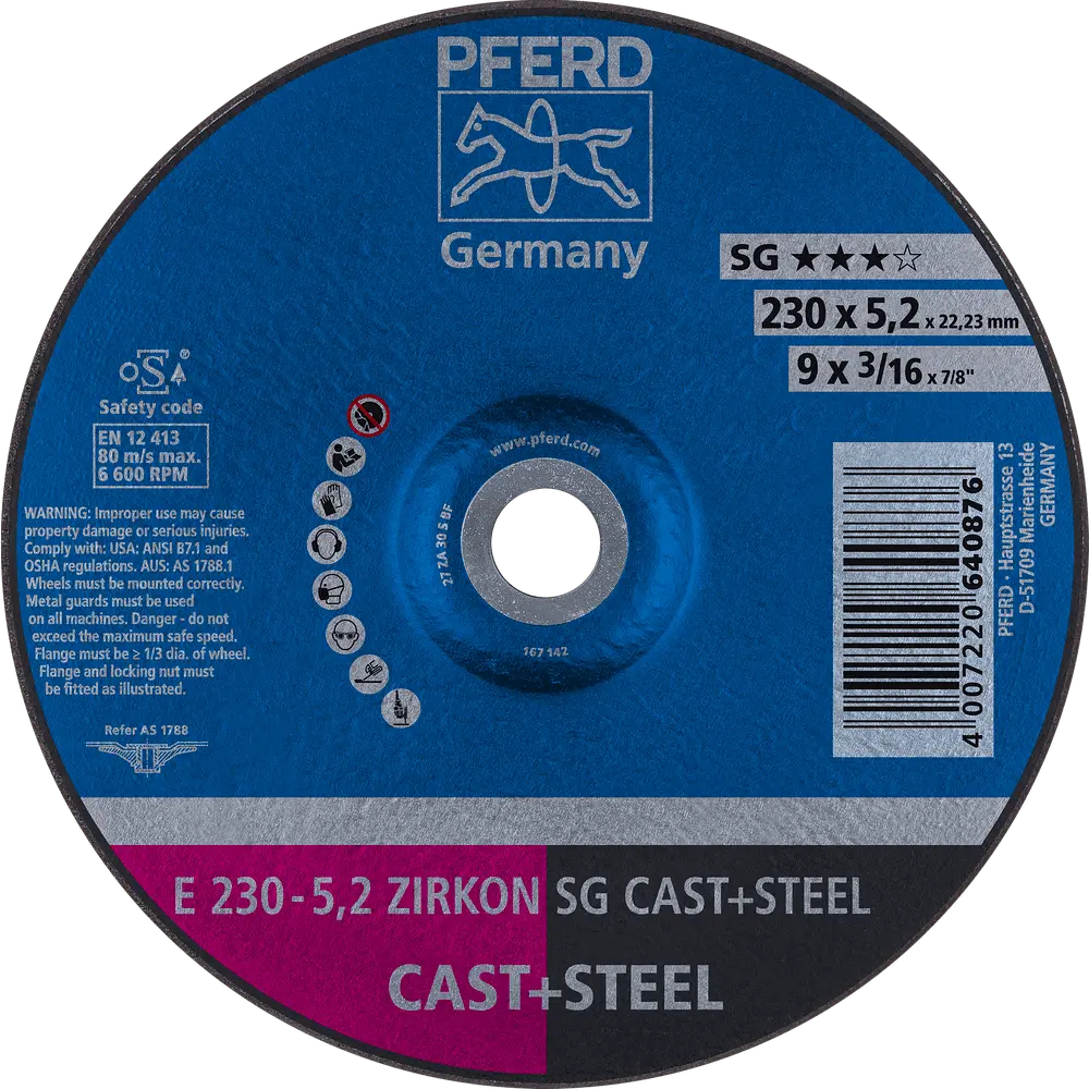 Produktfoto 1 von PFERD TOOLS Schruppscheibe E 230x5,2x22,23 mm ZIRKON Leistungslinie SG CAST+STEEL für Guss/Stahl, 10 Stk.