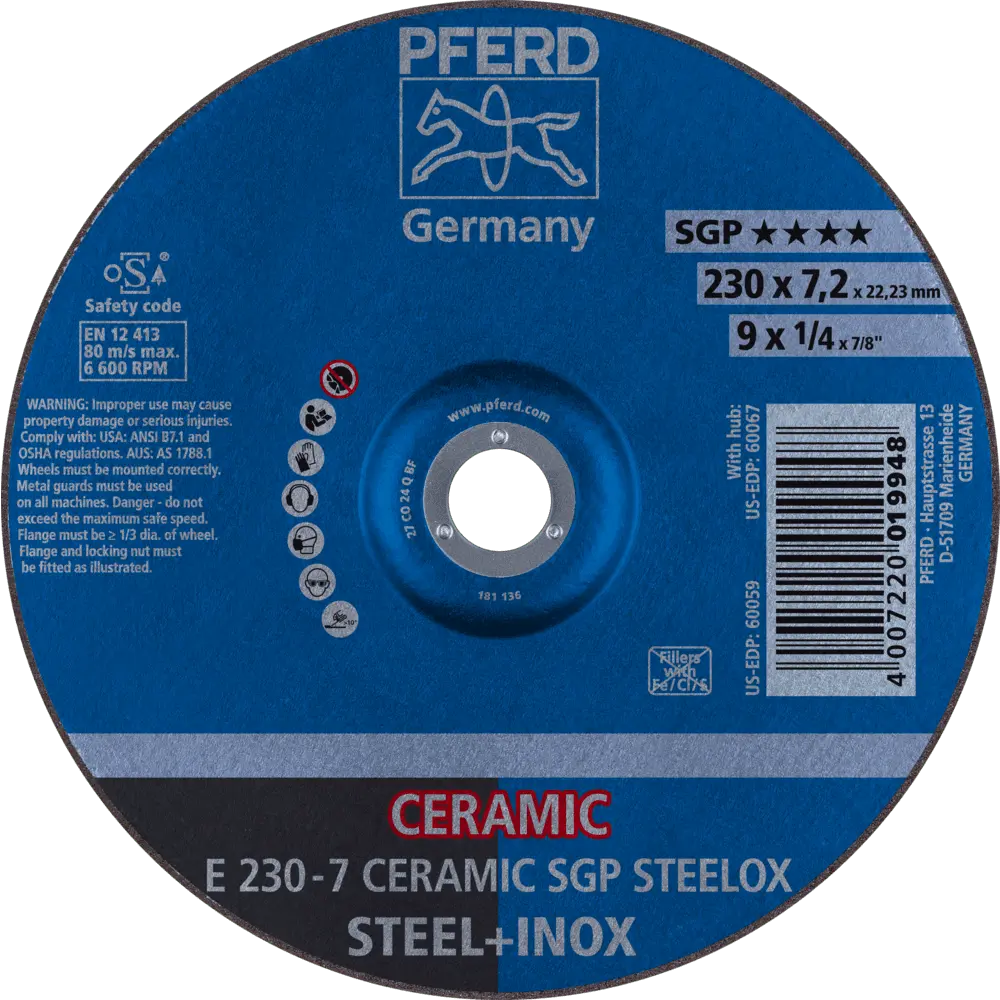 Produktfoto 1 von PFERD TOOLS Schruppscheibe E 230x7,2x22,23 mm CERAMIC Leistungslinie SGP STEELOX für Stahl/Edelstahl, 10 Stk.