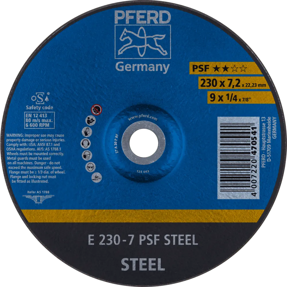 Produktfoto 1 von PFERD TOOLS Schruppscheibe E 230x7,2x22,23 mm Universallinie PSF STEEL für Stahl, 10 Stk.