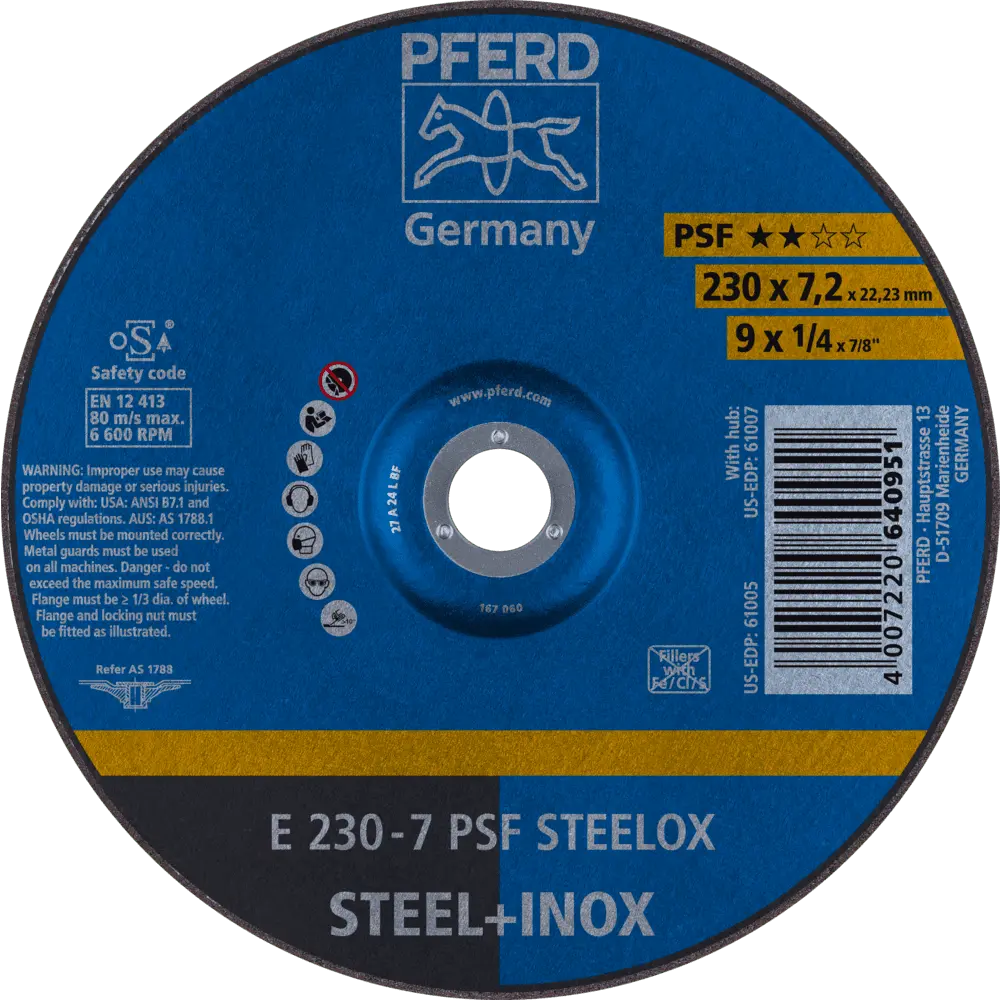 Produktfoto 1 von PFERD TOOLS Schruppscheibe E 230x7,2x22,23 mm Universallinie PSF STEELOX für Stahl/Edelstahl, 10 Stk.
