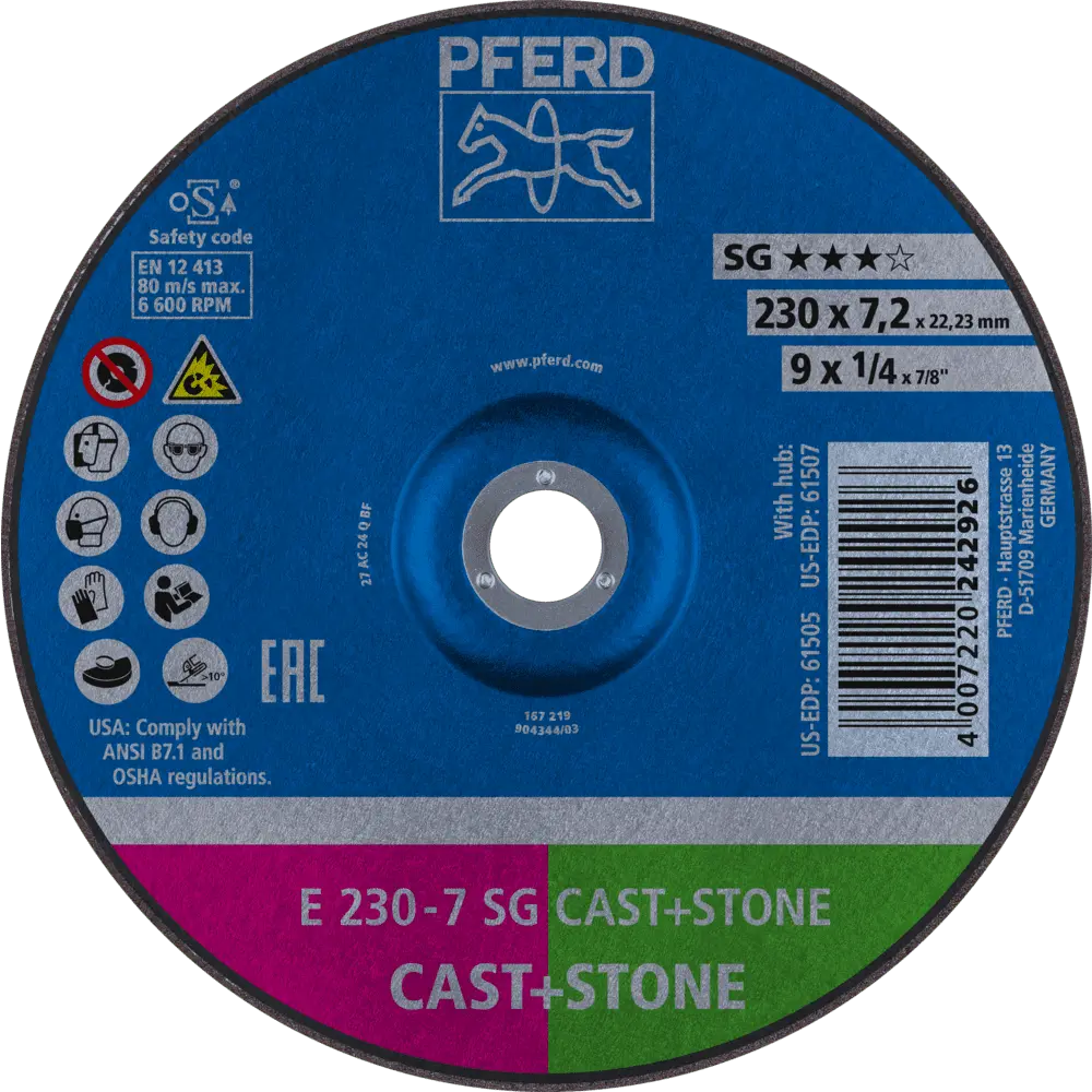 Produktfoto 1 von PFERD TOOLS Schruppscheibe E 230x7,2x22,23 mm Leistungslinie SG CAST+STONE für Guss/Stein, 10 Stk.