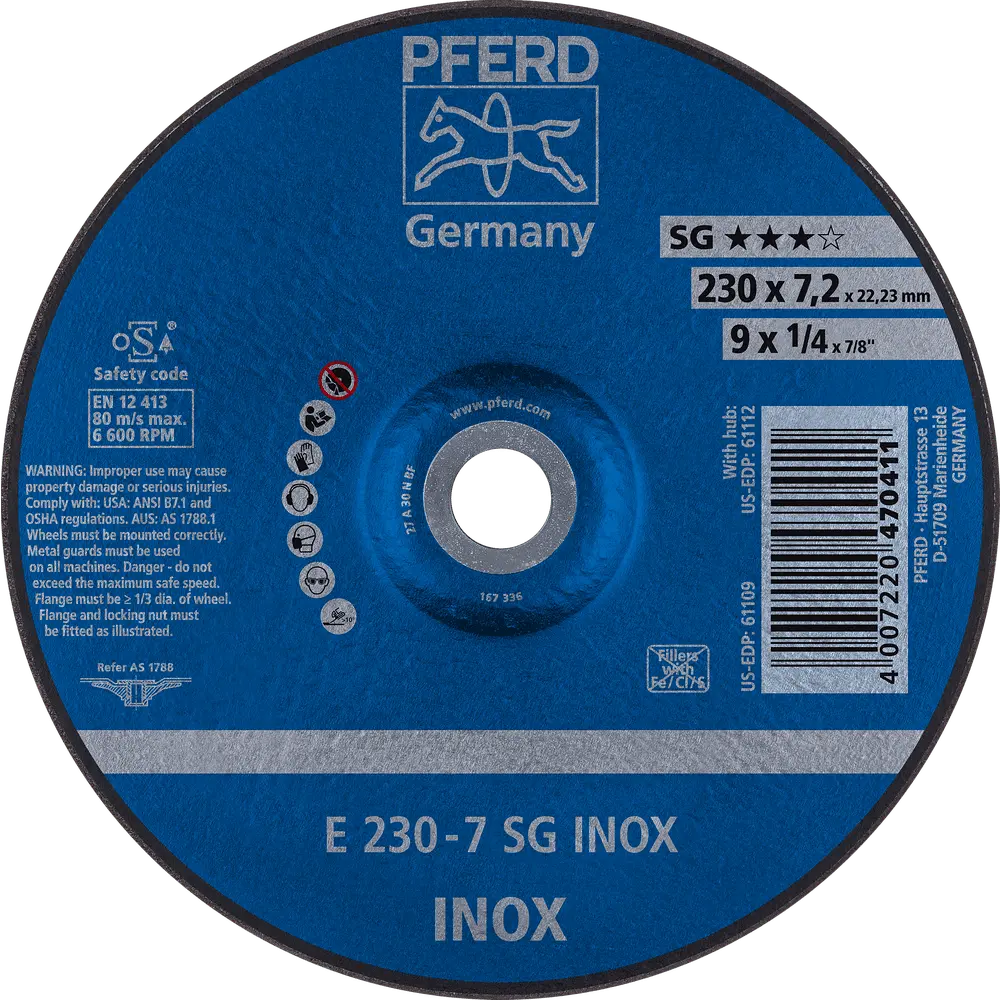 Produktfoto 1 von PFERD TOOLS Schruppscheibe E 230x7,2x22,23 mm Leistungslinie SG INOX für Edelstahl, 10 Stk.