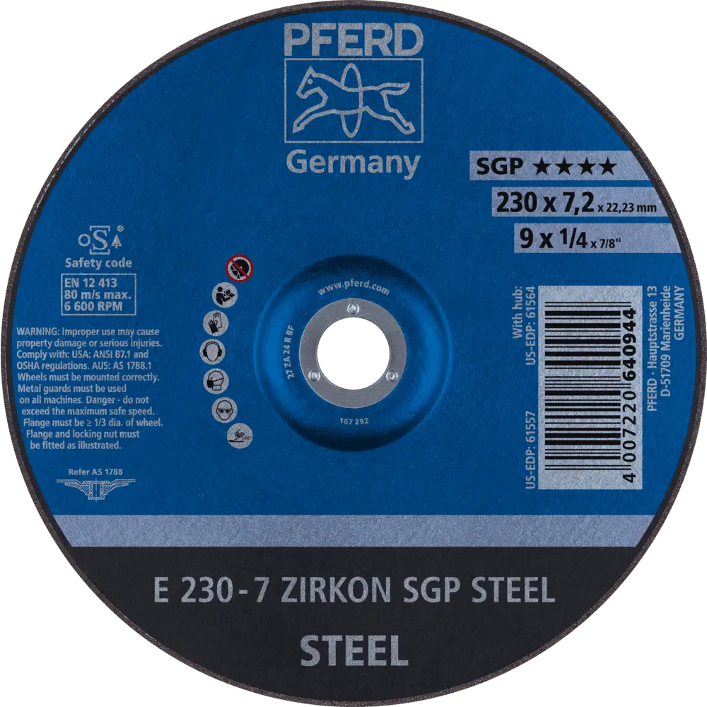 Produktfoto 1 von PFERD TOOLS Schruppscheibe E 230x7,2x22,23 mm ZIRKON Speziallinie SGP STEEL für Stahl, 10 Stk.