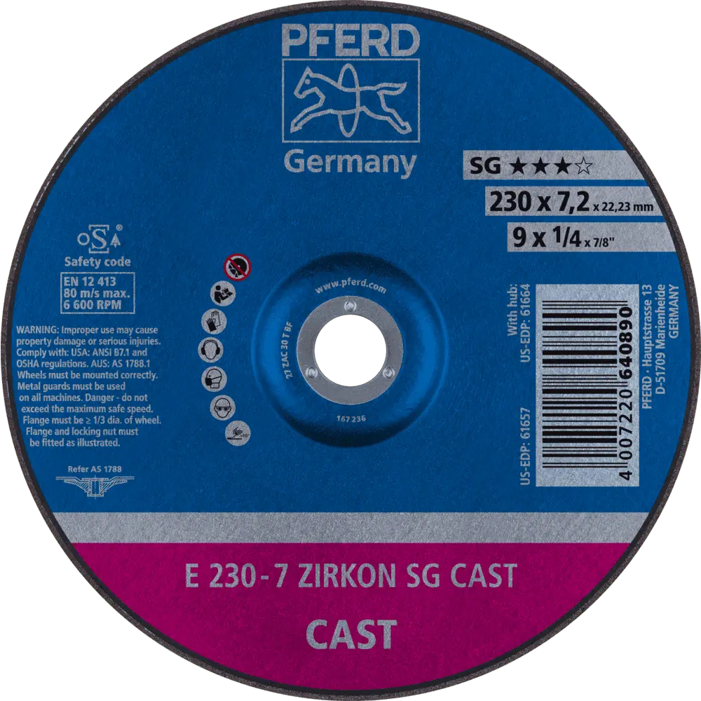 Produktfoto 1 von PFERD TOOLS Schruppscheibe E 230x7,2x22,23 mm ZIRKON Speziallinie SG CAST für Guss, 10 Stk.