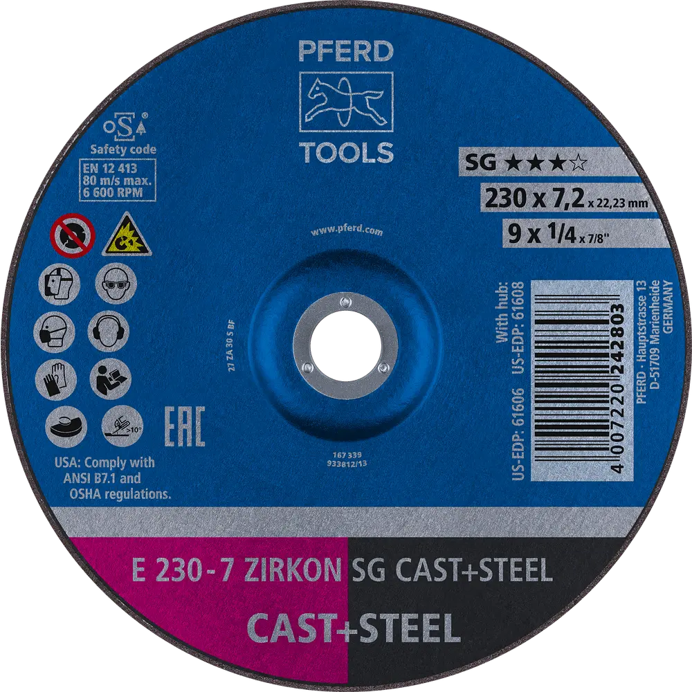 Produktfoto 1 von PFERD TOOLS Schruppscheibe E 230x7,2x22,23 mm ZIRKON Leistungslinie SG CAST+STEEL für Guss/Stahl, 10 Stk.