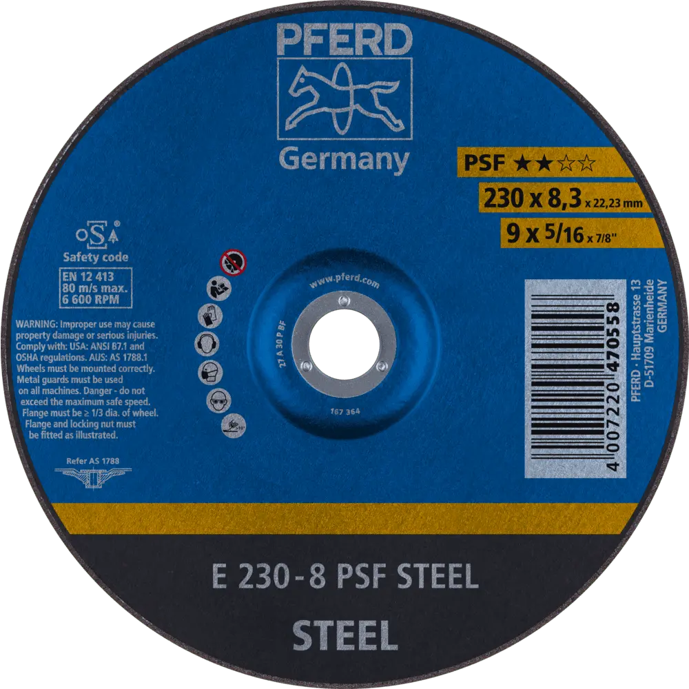 Produktfoto 1 von PFERD TOOLS Schruppscheibe E 230x8,3x22,23 mm Universallinie PSF STEEL für Stahl, 10 Stk.