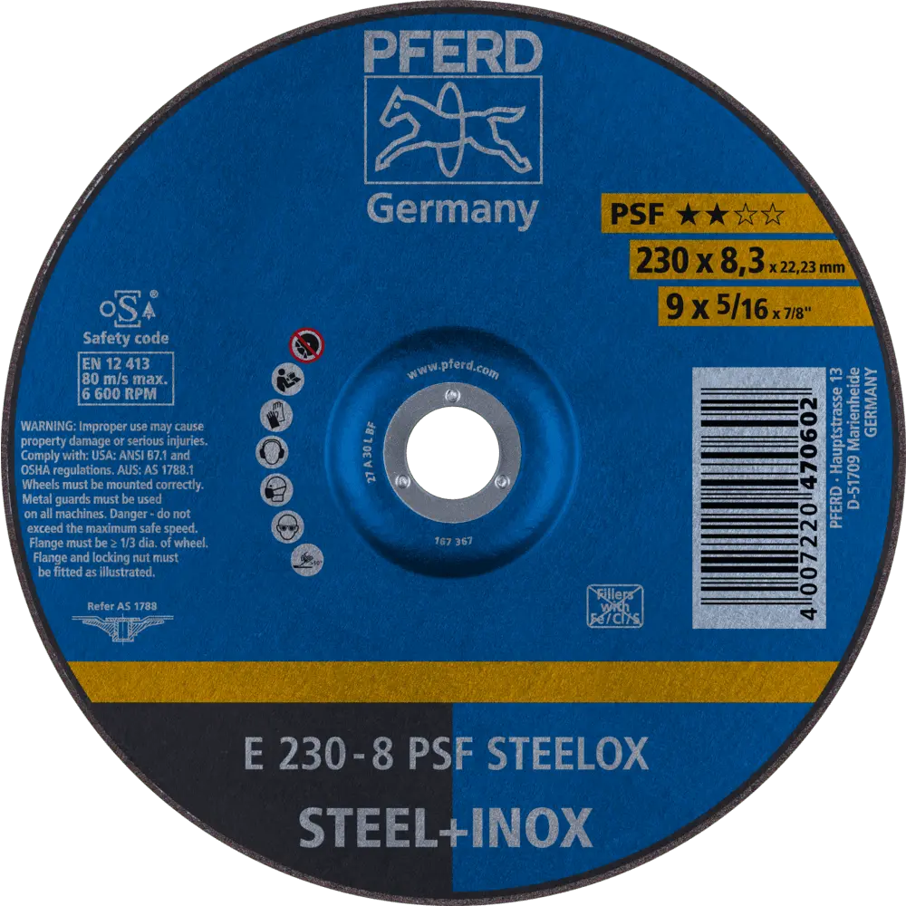 Produktfoto 1 von PFERD TOOLS Schruppscheibe E 230x8,3x22,23 mm Universallinie PSF STEELOX für Stahl/Edelstahl, 10 Stk.