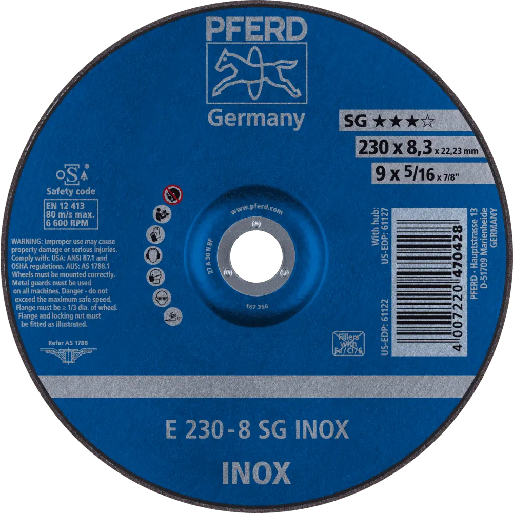 Produktfoto 1 von PFERD TOOLS Schruppscheibe E 230x8,3x22,23 mm Leistungslinie SG INOX für Edelstahl, 10 Stk.