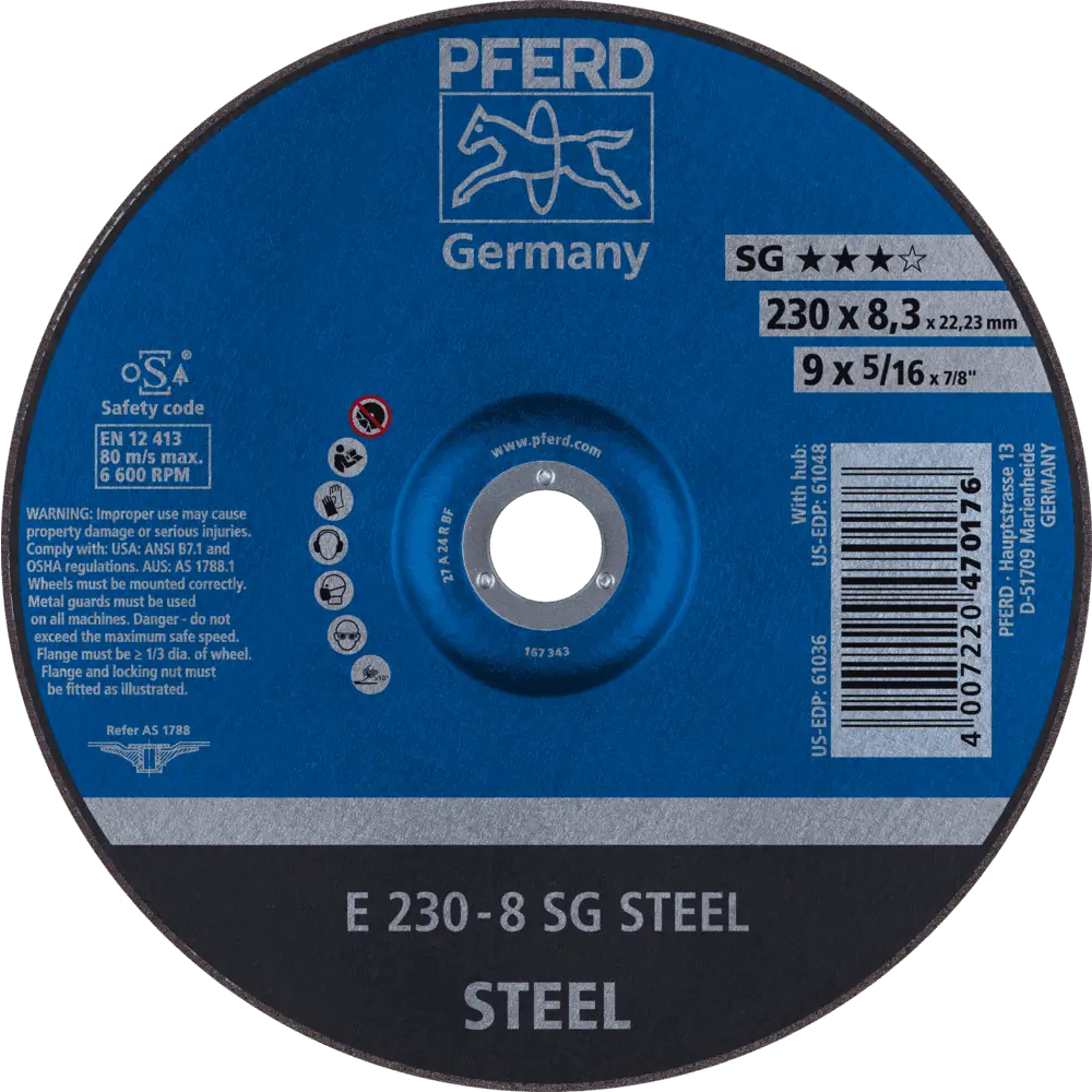 Produktfoto 1 von PFERD TOOLS Schruppscheibe E 230x8,3x22,23 mm Leistungslinie SG STEEL für Stahl, 10 Stk.