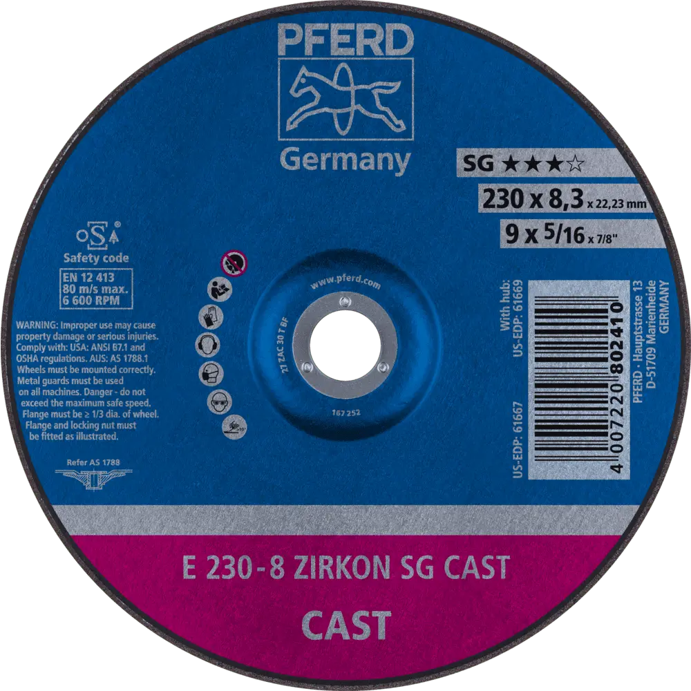 Produktfoto 1 von PFERD TOOLS Schruppscheibe E 230x8,3x22,23 mm ZIRKON Speziallinie SGP CAST für Guss, 10 Stk.