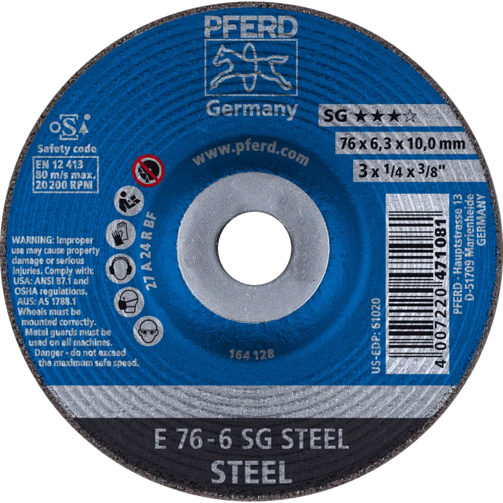 Produktfoto 1 von PFERD TOOLS Schruppscheibe E 76x6,3x10mm Leistungslinie SG STEEL für Stahl, 10 Stk.