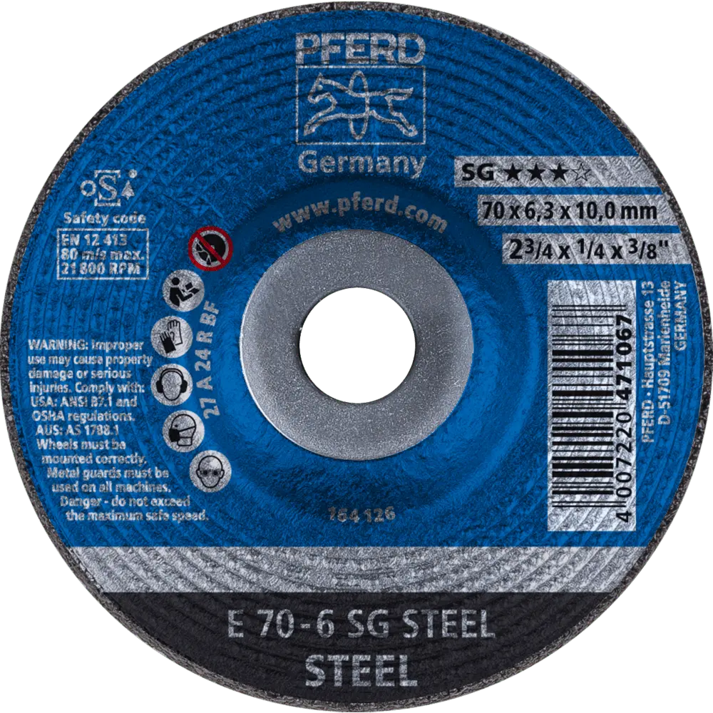 Produktfoto 1 von PFERD TOOLS Schruppscheibe E 70x6,3x10mm Leistungslinie SG STEEL für Stahl, 10 Stk.