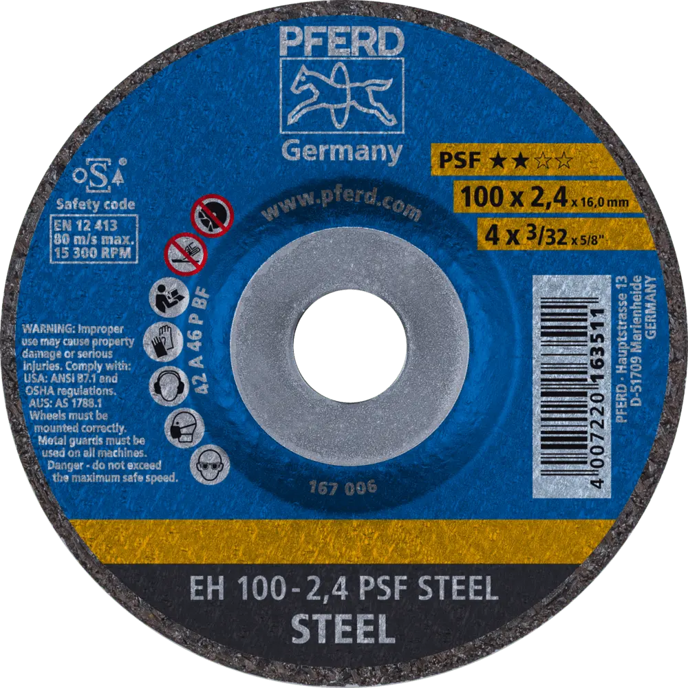 Produktfoto 1 von PFERD TOOLS Trennscheibe EH 100x2,4x16 mm gekröpft Universallinie PSF STEEL für Stahl, 25 Stk.