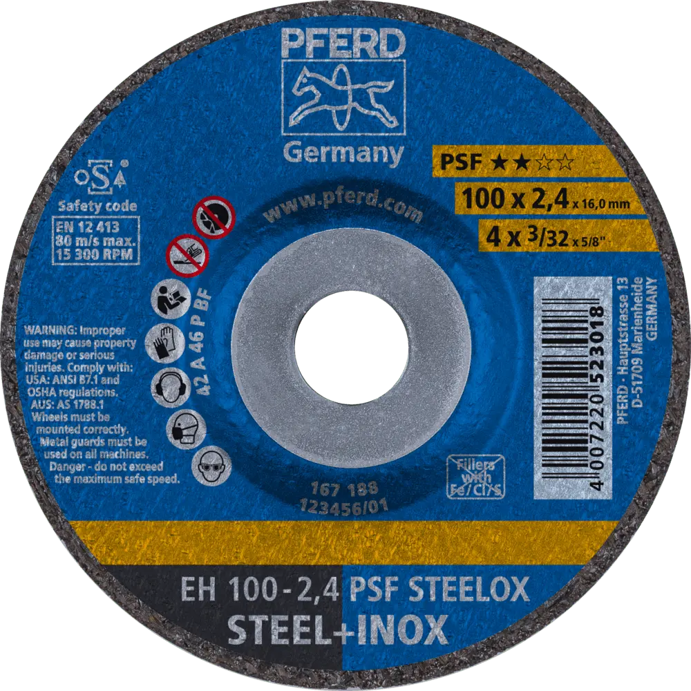 Produktfoto 1 von PFERD TOOLS Trennscheibe EH 100x2,4x16 mm gekröpft Universallinie PSF STEELOX für Stahl/Edelstahl, 25 Stk.
