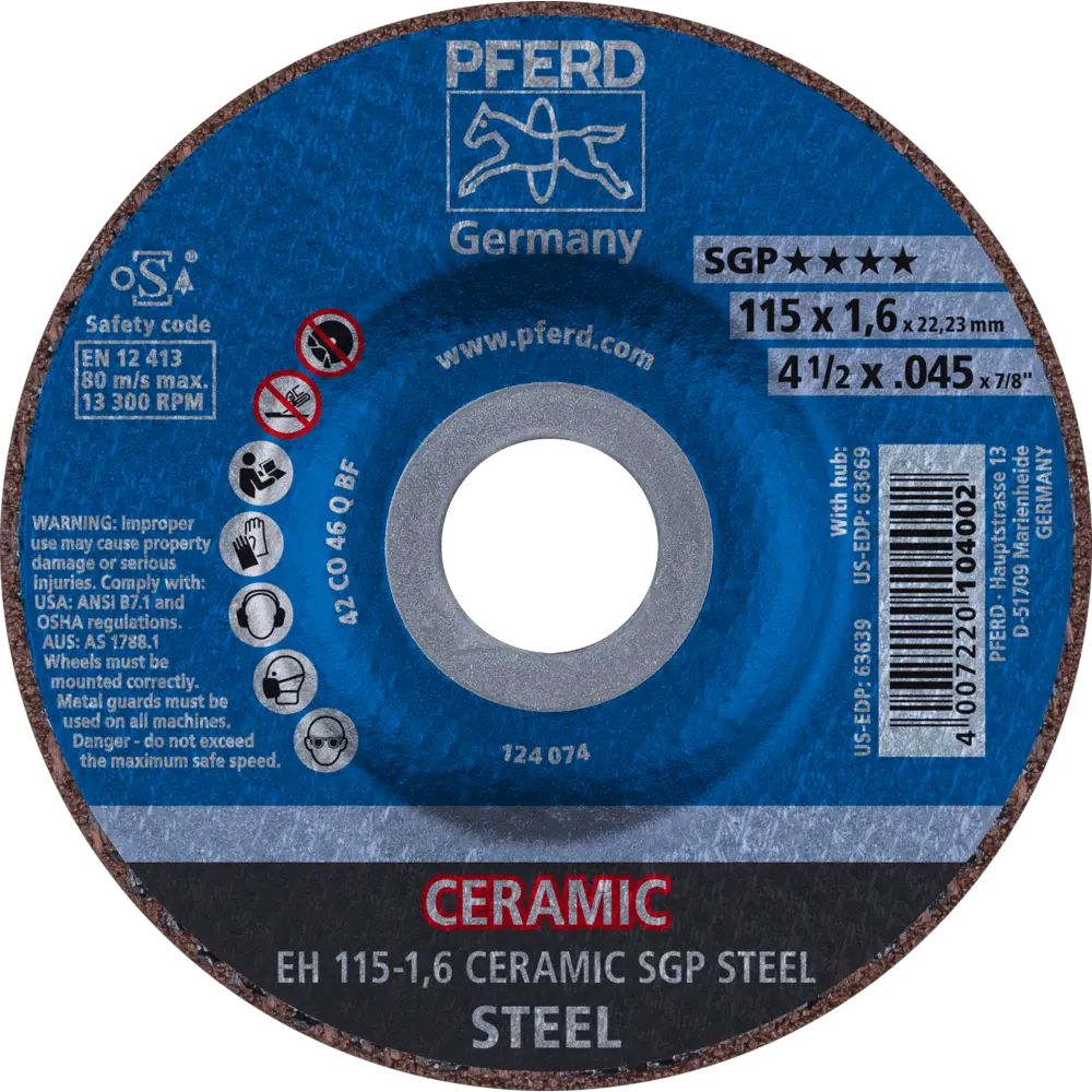 Produktfoto 1 von PFERD TOOLS Trennscheibe EH 115x1,6x22,23 mm gekröpft CERAMIC Speziallinie SGP STEEL für Stahl, 25 Stk.