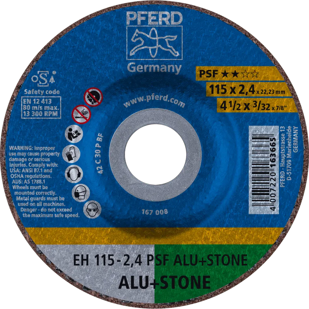Produktfoto 1 von PFERD TOOLS Trennscheibe EH 115x2,4x22,23 mm gekröpft Uni.-Linie PSF ALU+STONE für Alu/NE-Met./Stein, 25 Stk.