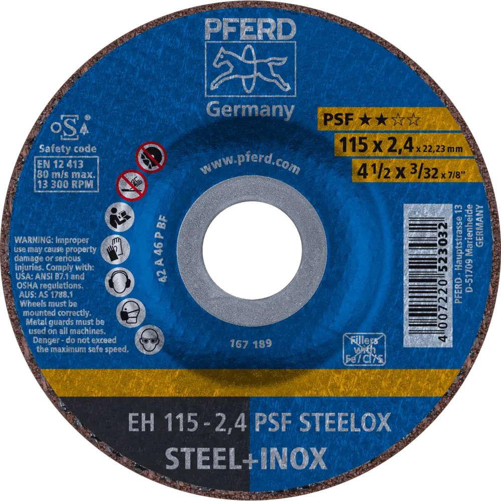 Produktfoto 1 von PFERD TOOLS Trennscheibe EH 115x2,4x22,23 mm gekröpft Universallinie PSF STEELOX für Stahl/Edelstahl, 25 Stk.