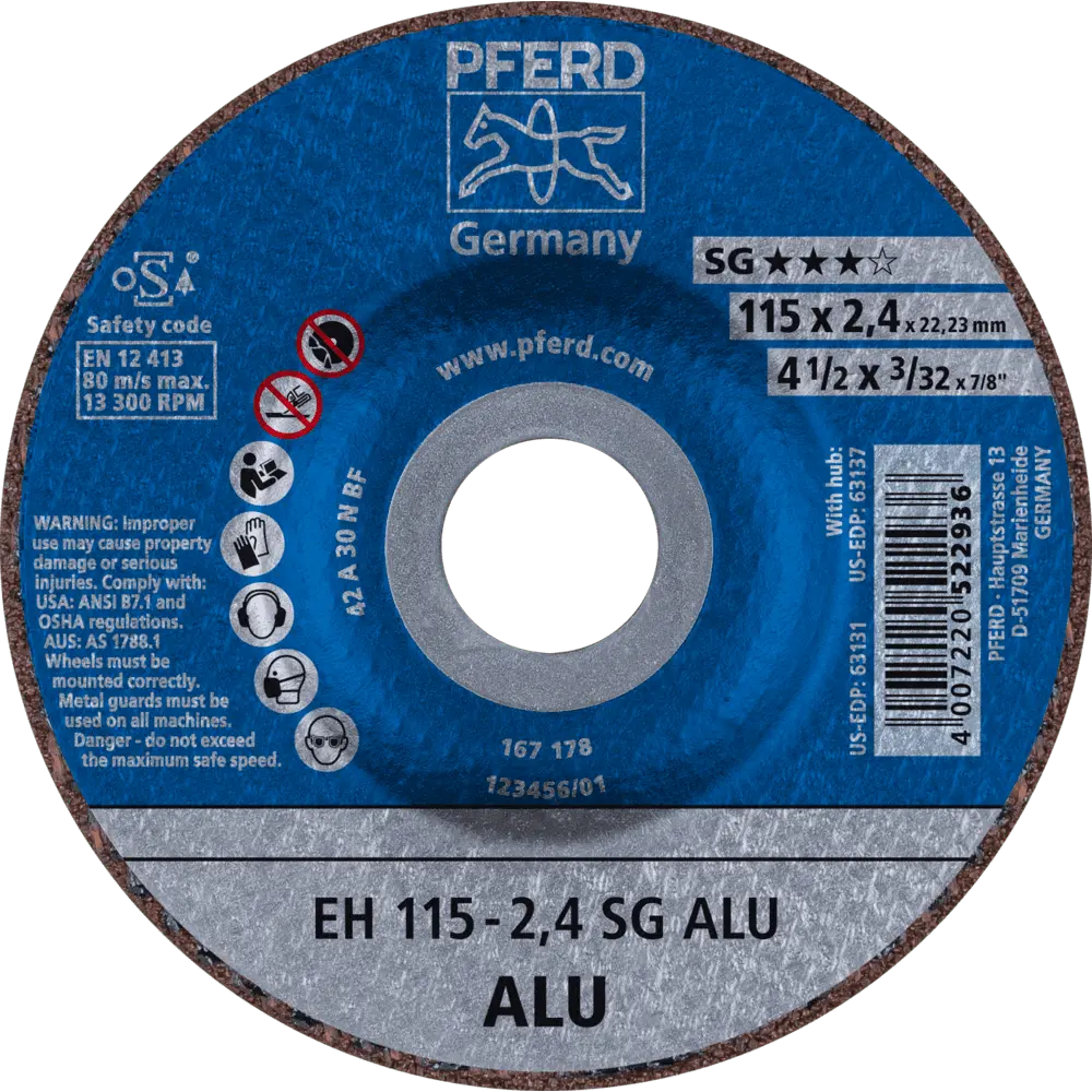 Produktfoto 1 von PFERD TOOLS Trennscheibe EH 115x2,4x22,23 mm gekröpft Leistungslinie SG ALU für Alu, 25 Stk.