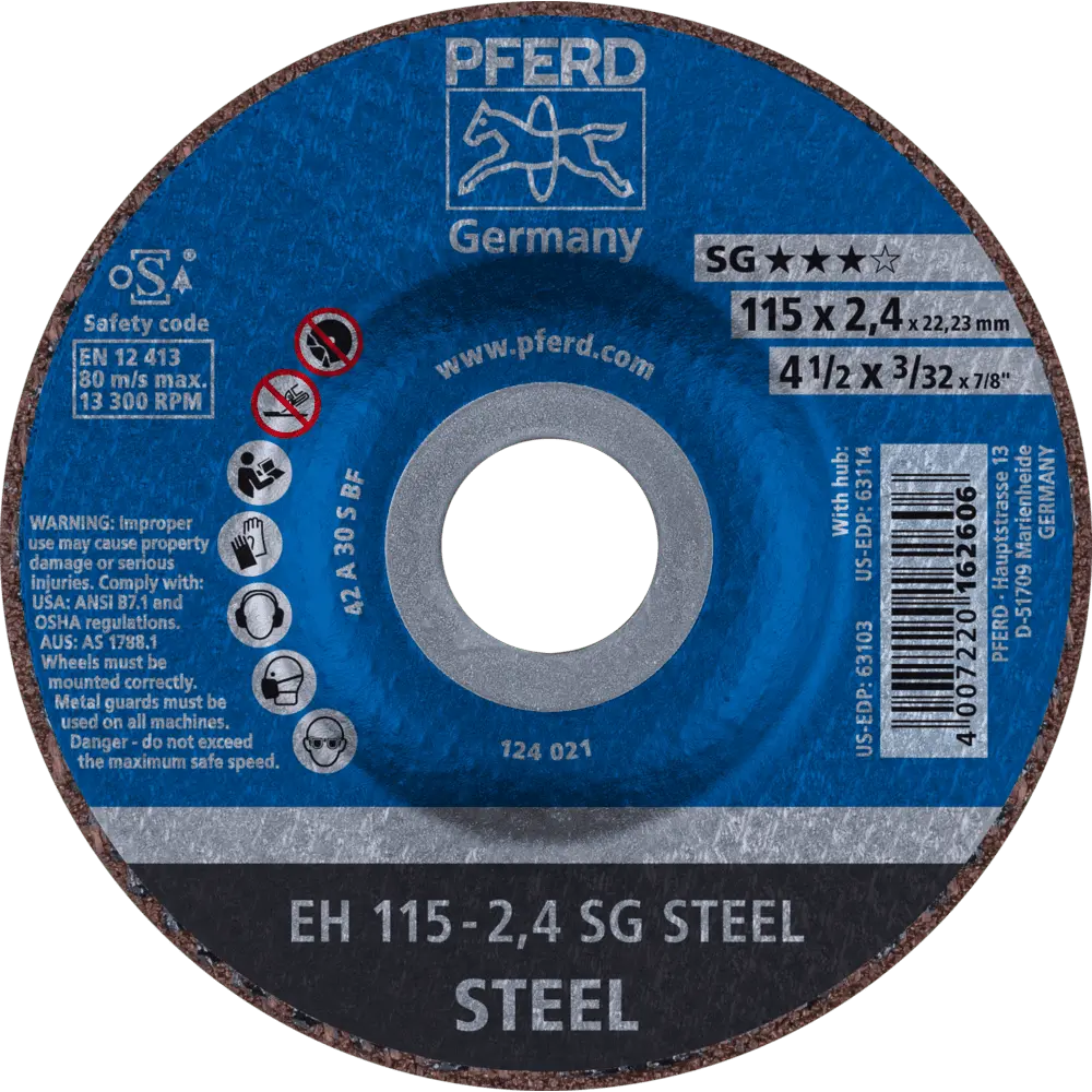 Produktfoto 1 von PFERD TOOLS Trennscheibe EH 115x2,4x22,23 mm gekröpft Leistungslinie SG STEEL für Stahl, 25 Stk.
