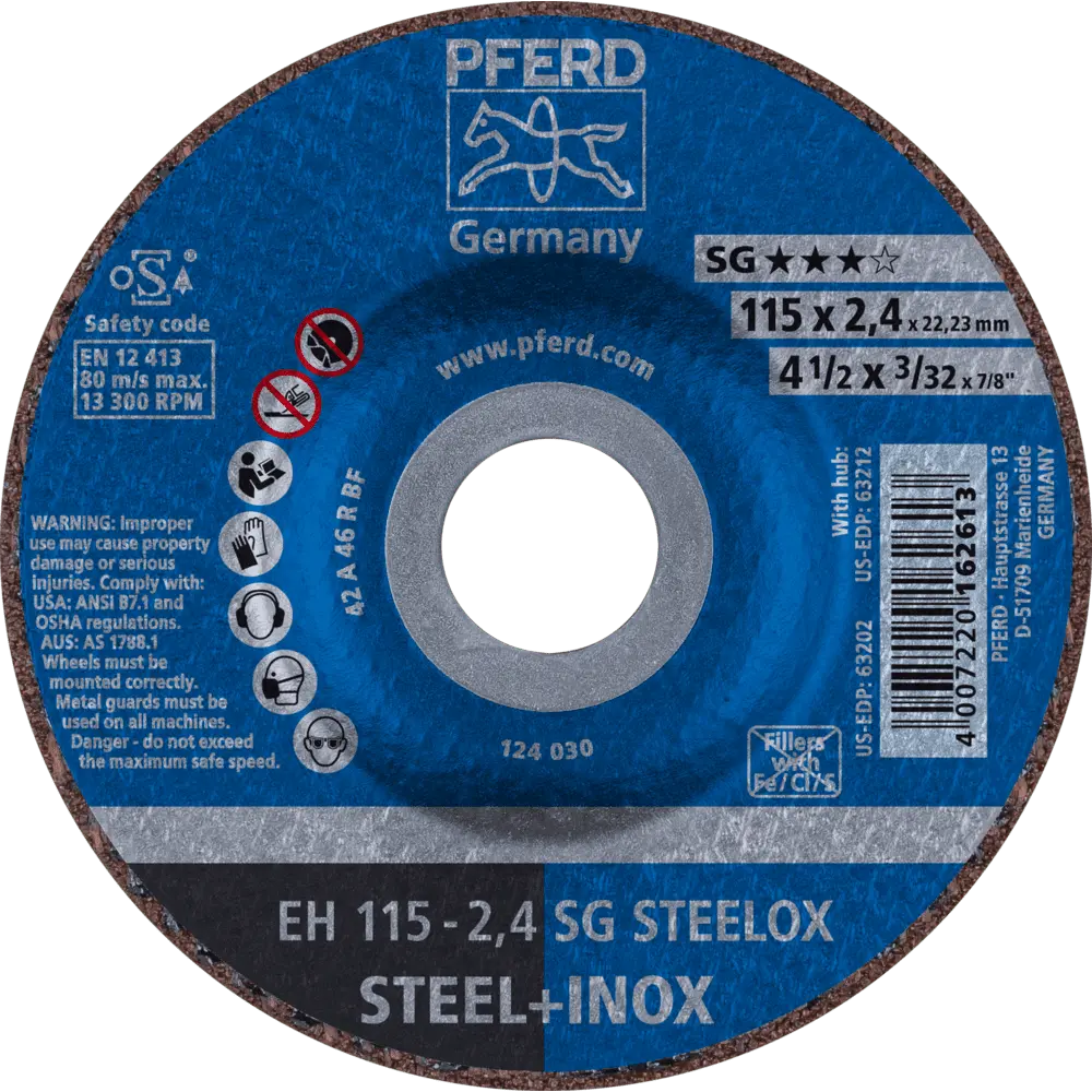 Produktfoto 1 von PFERD TOOLS Trennscheibe EH 115x2,4x22,23 mm gekröpft Leistungslinie SG STEELOX für Stahl/Edelstahl, 25 Stk.