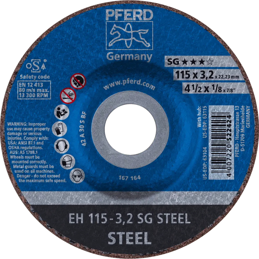 Produktfoto 1 von PFERD TOOLS Trennscheibe EH 115x3,2x22,23 mm gekröpft Leistungslinie SG STEEL für Stahl, 25 Stk.