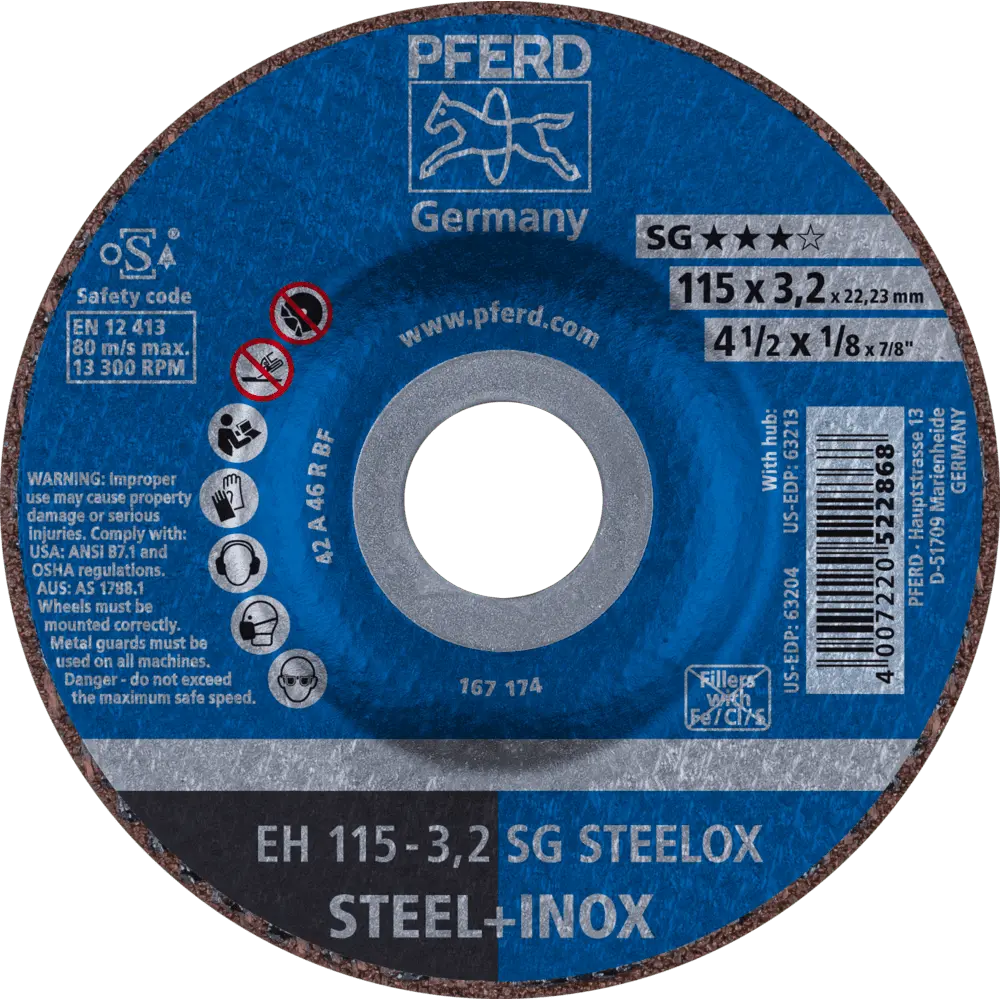Produktfoto 1 von PFERD TOOLS Trennscheibe EH 115x3,2x22,23 mm gekröpft Leistungslinie SG STEELOX für Stahl/Edelstahl, 25 Stk.