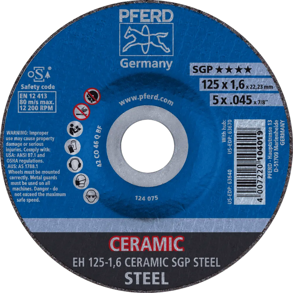 Produktfoto 1 von PFERD TOOLS Trennscheibe EH 125x1,6x22,23 mm gekröpft CERAMIC Speziallinie SGP STEEL für Stahl, 25 Stk.