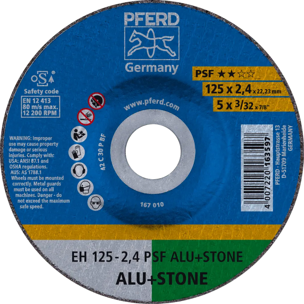 PFERD TOOLS Trennscheibe EH 125x2,4x22,23 mm gekröpft Uni.-Linie PSF ALU+STONE für Alu/NE-Met./Stein (10), 10 Stk.