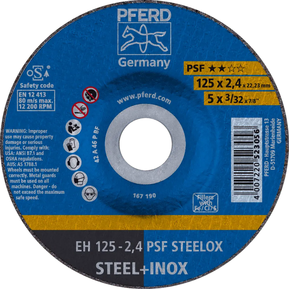 Produktfoto 1 von PFERD TOOLS Trennscheibe EH 125x2,4x22,23 mm gekröpft Universallinie PSF STEELOX für Stahl/Edelstahl, 25 Stk.