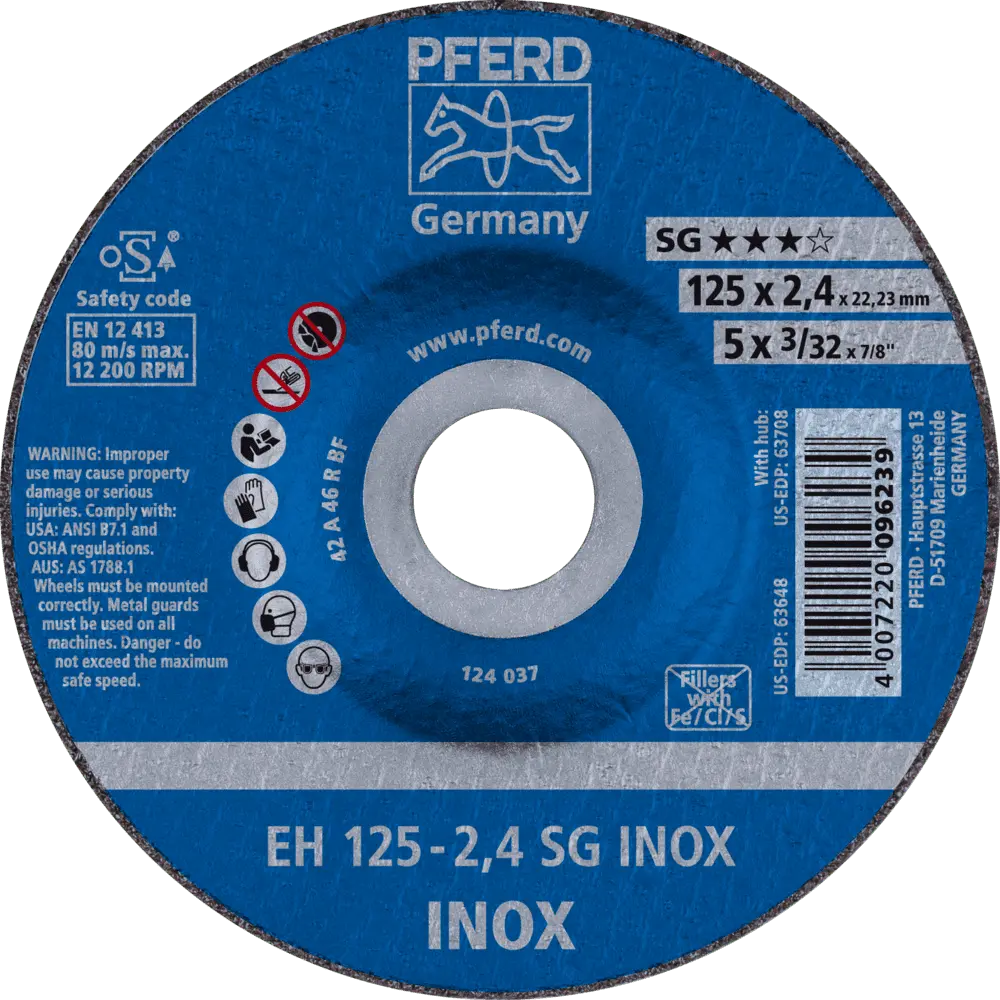 Produktfoto 1 von PFERD TOOLS Trennscheibe EH 125x2,4x22,23 mm gekröpft Leistungslinie SG INOX für Edelstahl, 25 Stk.