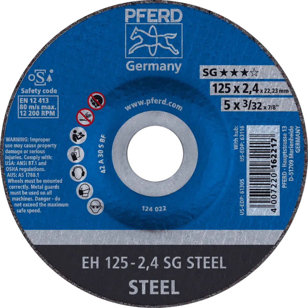 Produktfoto 1 von PFERD TOOLS Trennscheibe EH 125x2,4x22,23 mm gekröpft Leistungslinie SG STEEL für Stahl, 25 Stk.